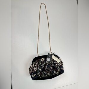 From India To You Velvet Black And Gold Beaded Paisley Clutch Crossbody Bag NWT